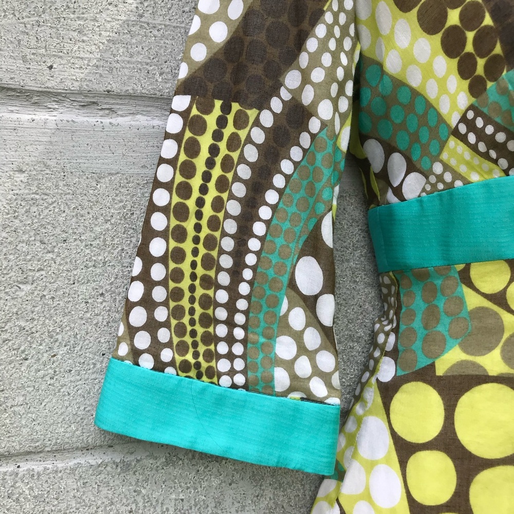 MILLY of NEW YORK Turquoise + Green Mod Print Top 3/4 sleeves Size 2 - Picture 14 of 16